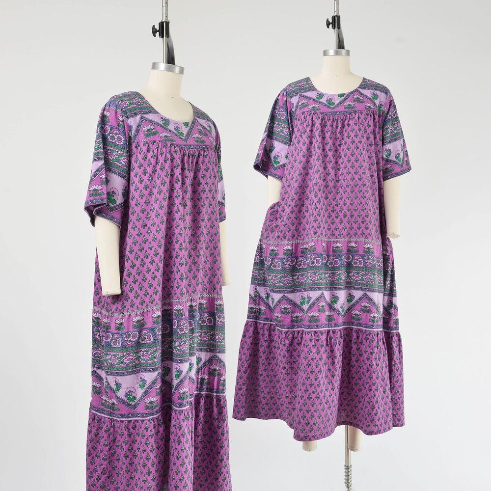 Vintage Indian Cotton Maxi Dress Purple Floral Block Print Boho Muumuu M L